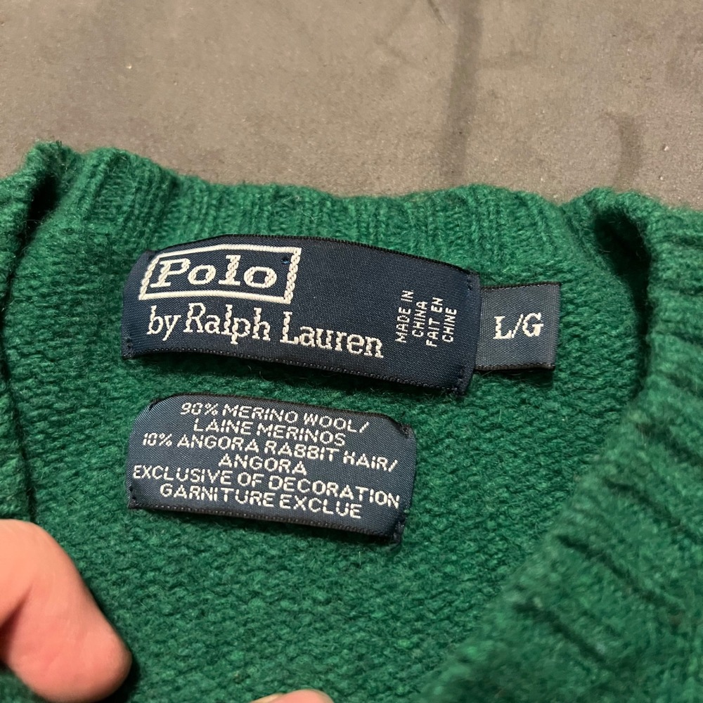 VTG 90s Polo Ralph Lauren Merino Angora Green Sweater Suede Elbow Patches Mens S - Picture 3 of 7